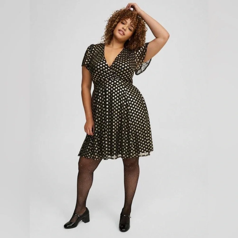 Torrid Black Polkadot Gold Flutter Sleeve Mini Dress, Large, NWT! - Picture 11 of 16